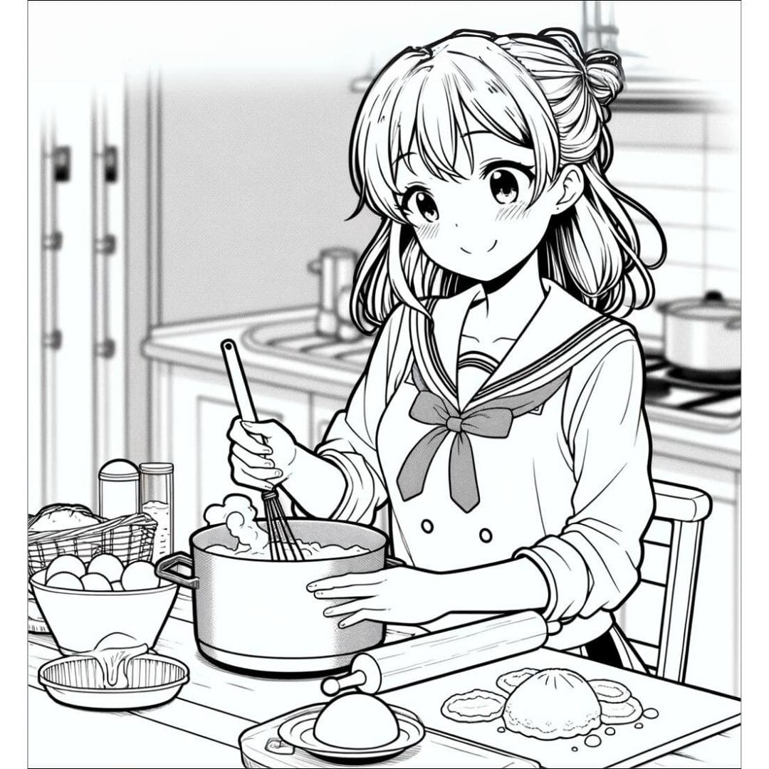 Coloriage manga fille cuisinant pour enfants