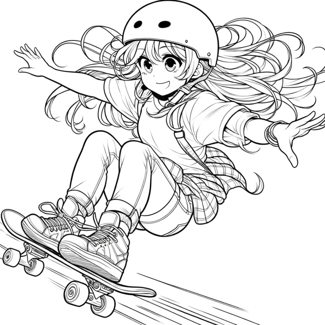 Coloriage manga fille sur skateboard pour enfants