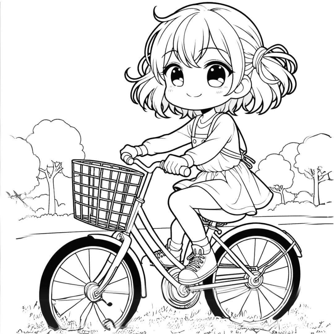 Coloriage manga fille faisant du vélo dans un parc pour enfants