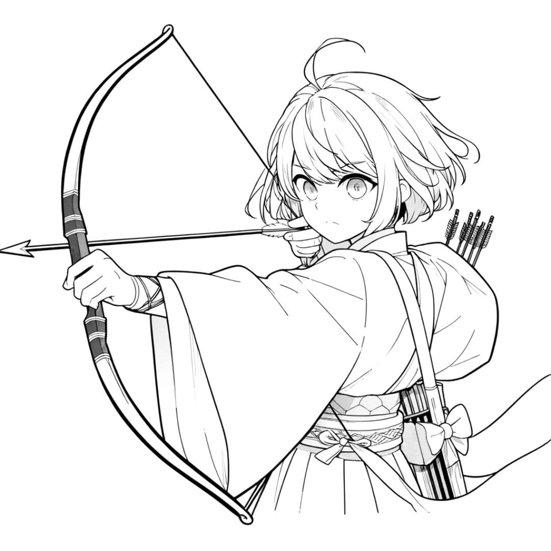 Coloriage manga fille guerrière archère avec un arc et des flèches pour enfants