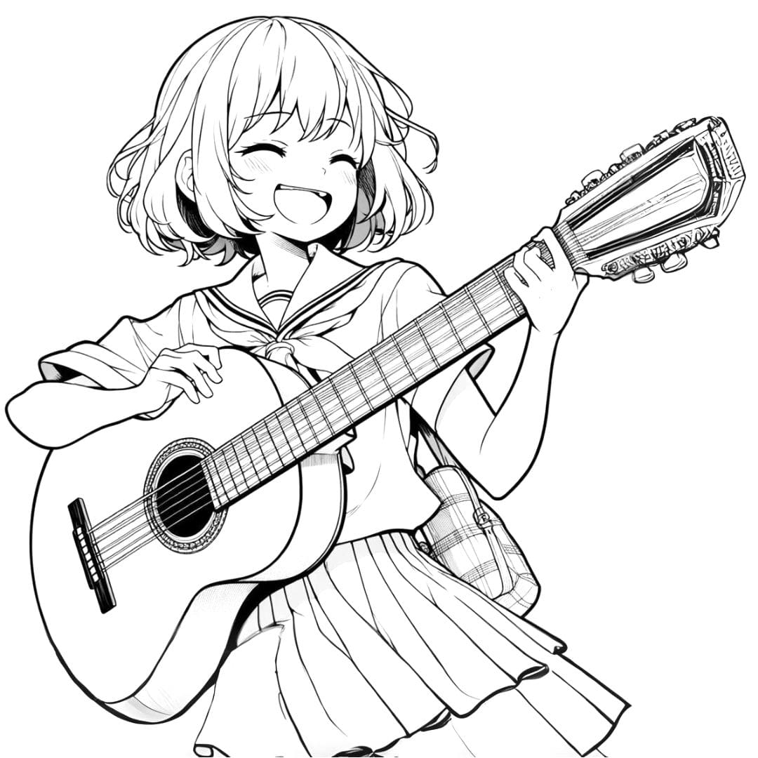 Coloriage manga fille jouant de la guitare pour enfants