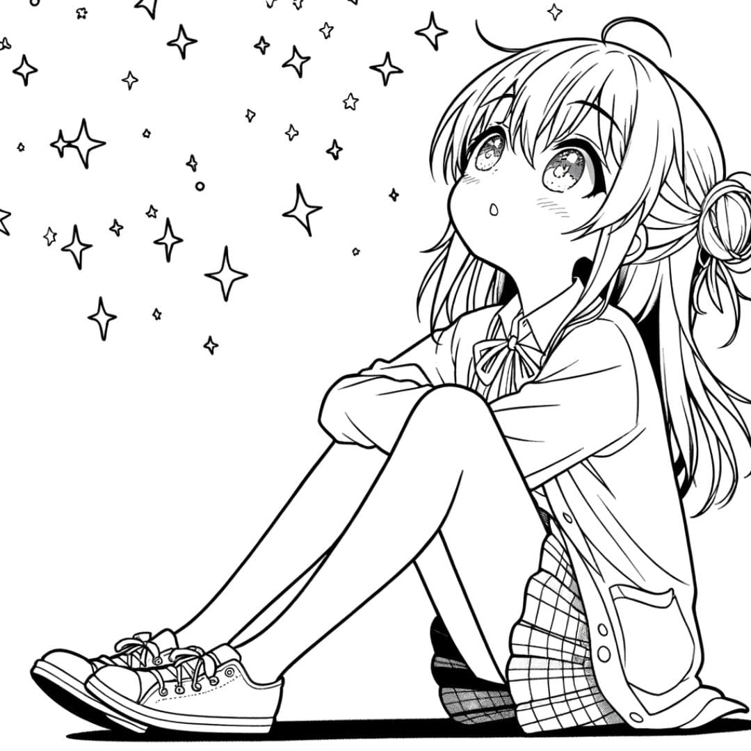 Coloriage manga fille observant les étoiles pour enfants