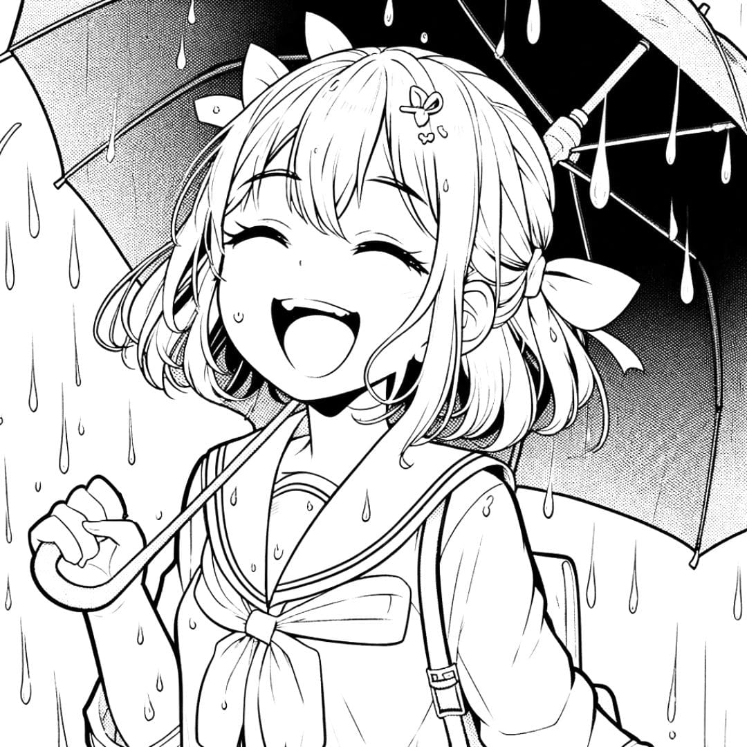 Coloriage manga fille riant sous la pluie pour enfants