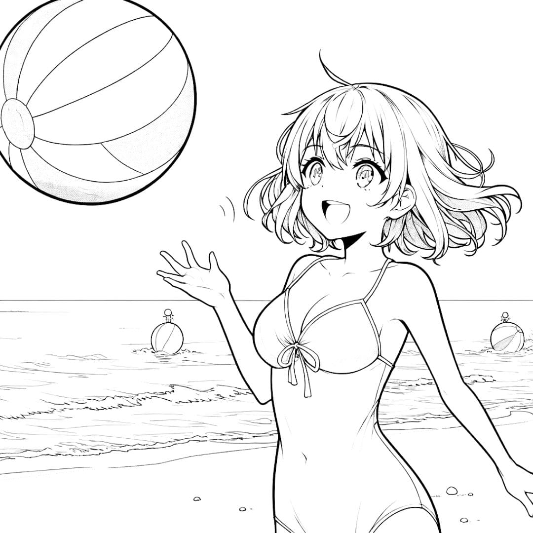 Coloriage manga fille à la plage pour enfants
