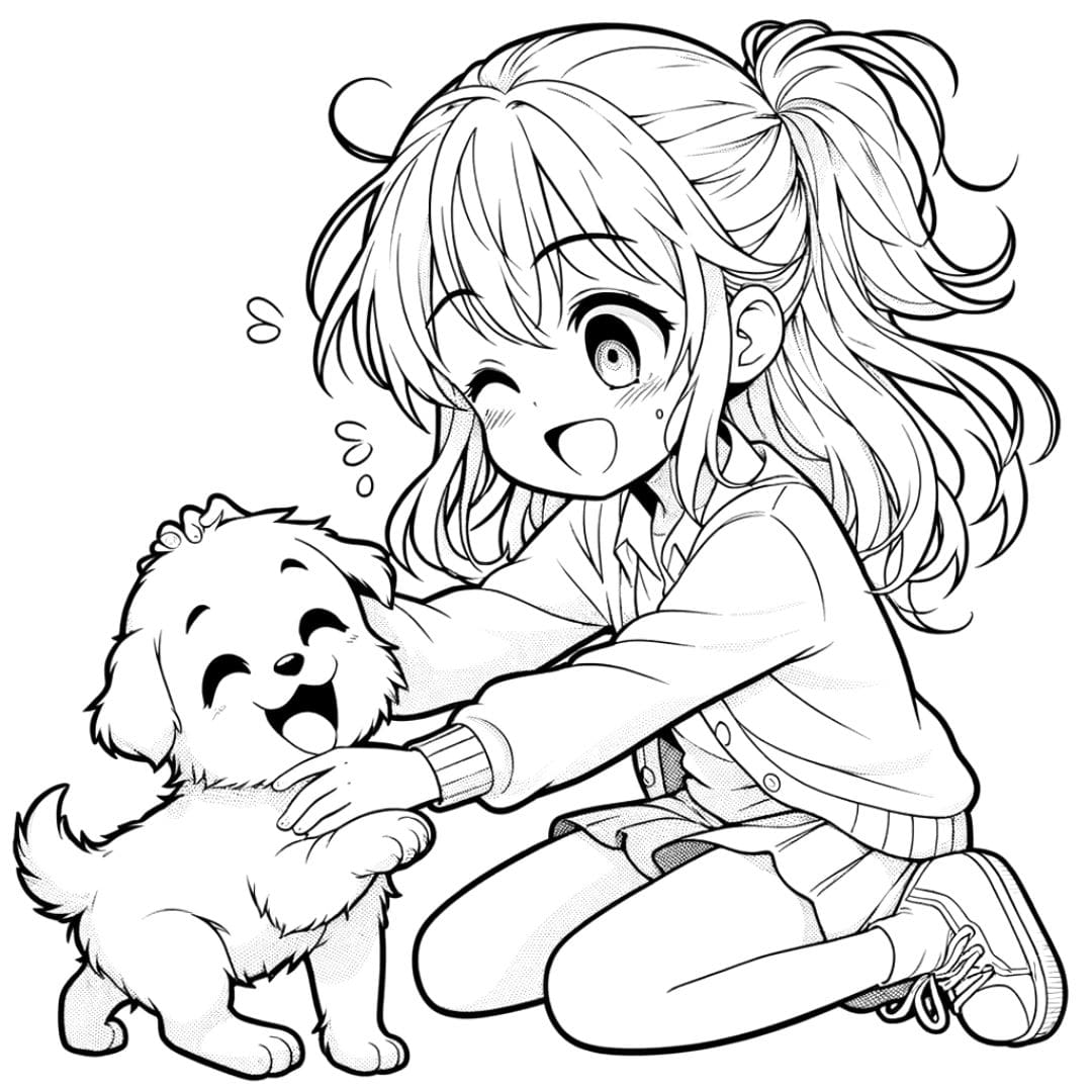 Coloriage manga fille jouant avec un chiot pour enfants