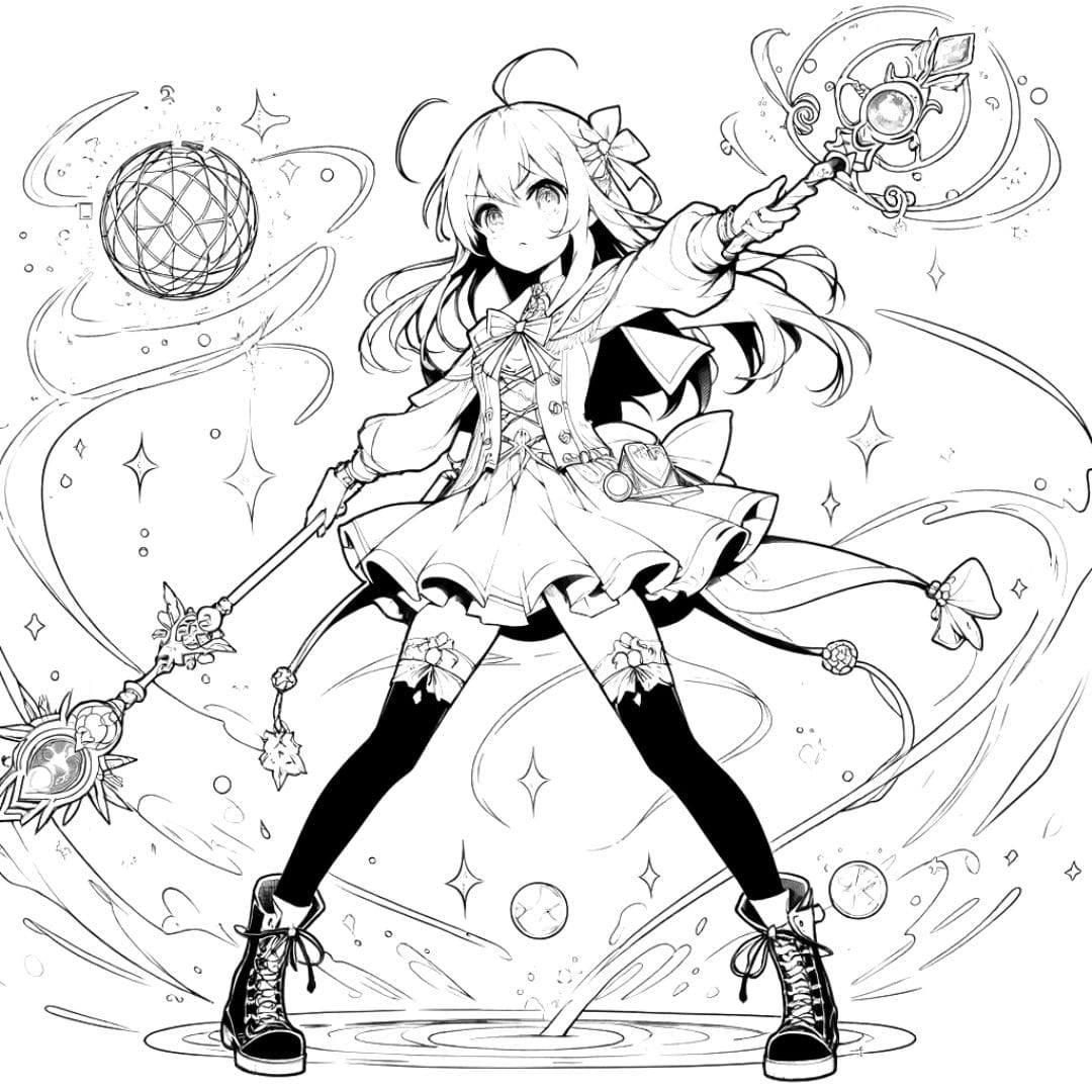 Coloriage manga fille guerrière avec des armes enchantées pour enfants