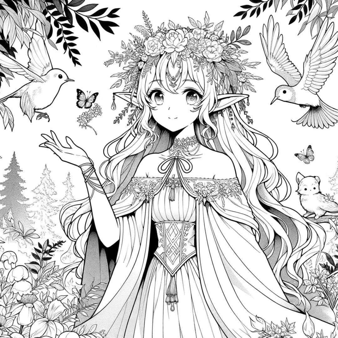 Coloriage manga fille princesse elfe avec des pouvoirs de la nature pour enfants