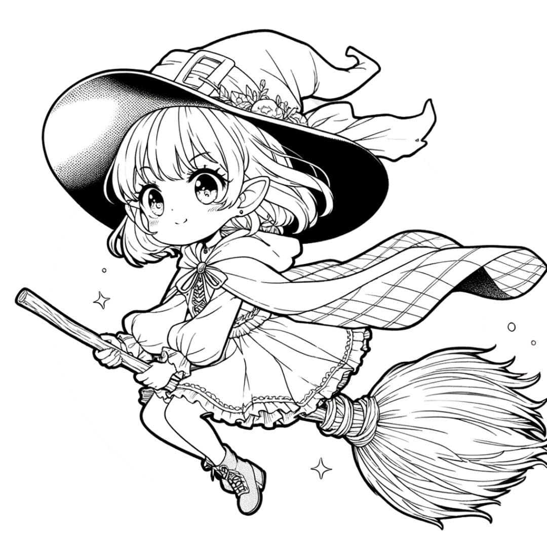 Coloriage manga fille sorcière volant sur un balai pour enfants