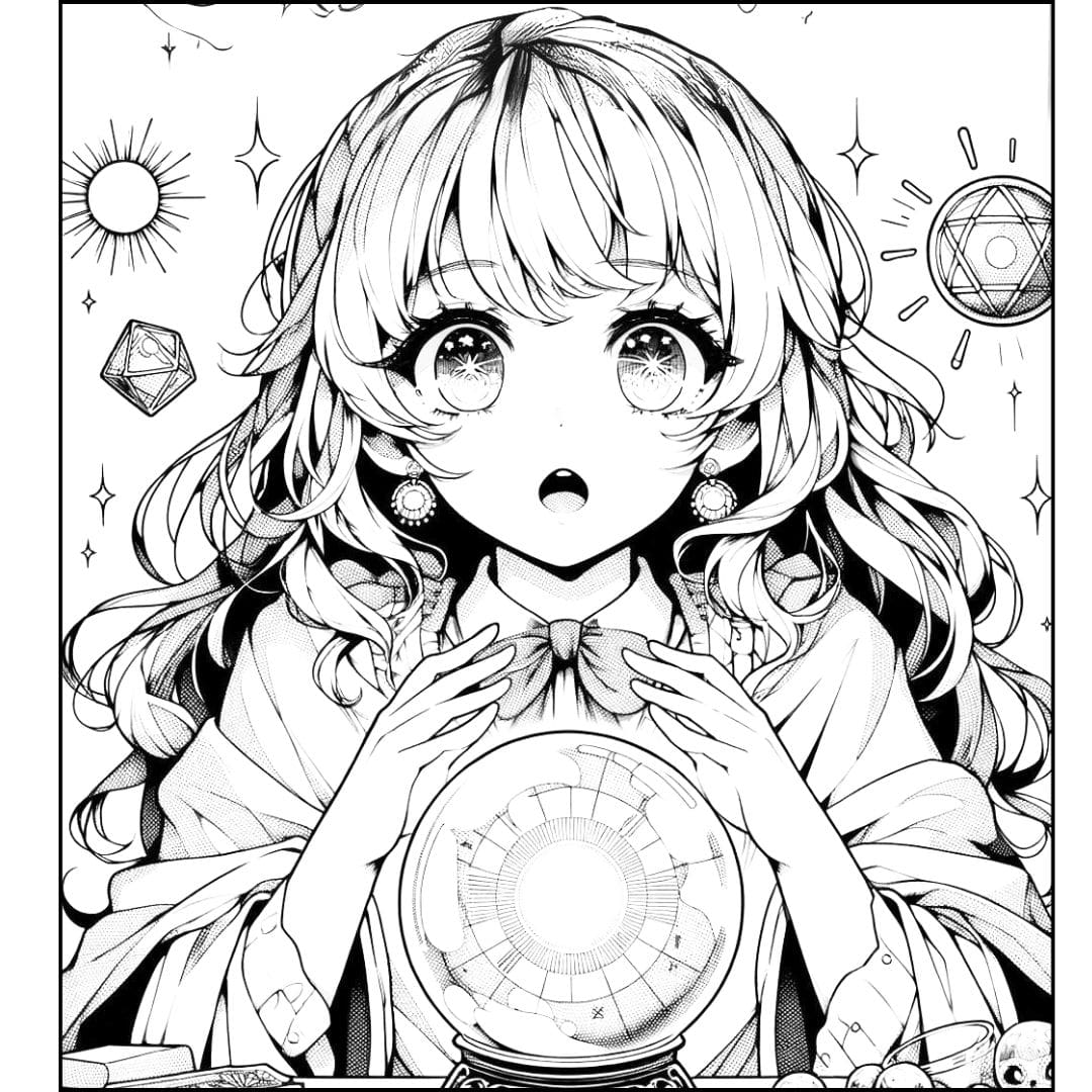 Coloriage manga fille voyante avec une boule de cristal pour enfants