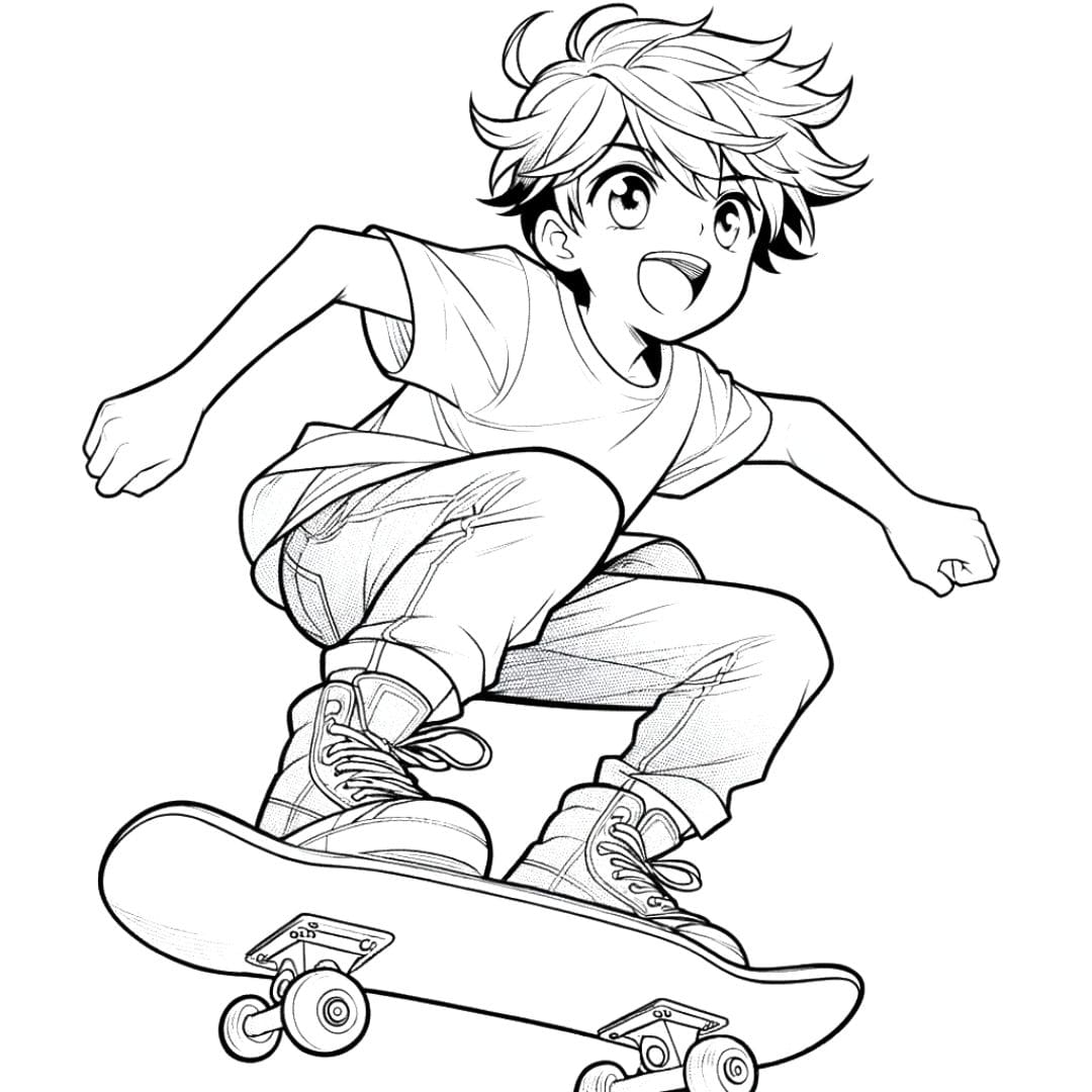 Coloriage manga garçon faisant du skate pour enfants