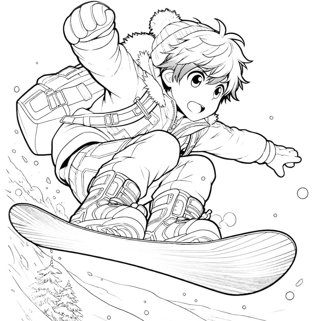 Coloriage manga garçon faisant du snowboard pour enfants