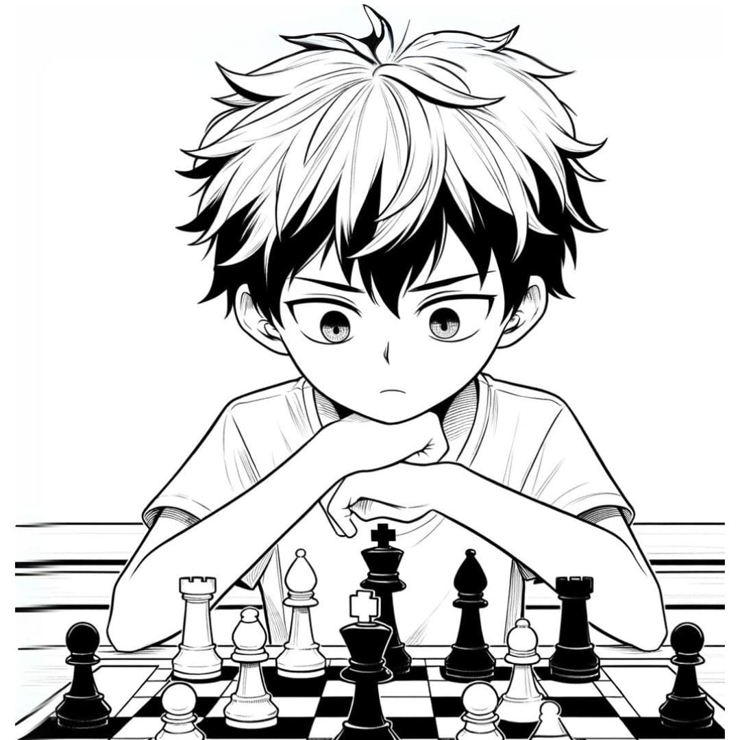 Coloriage manga garçon jouant aux échecs pour enfants