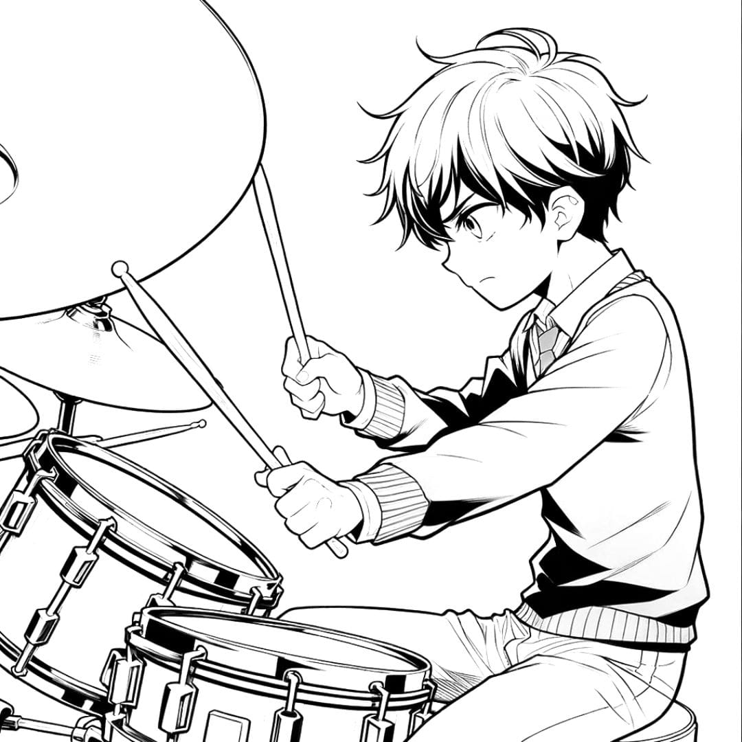Coloriage manga garçon jouant de la batterie pour enfants