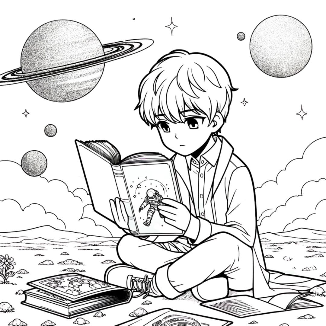 Coloriage manga garçon lisant un livre de science-fiction pour enfants