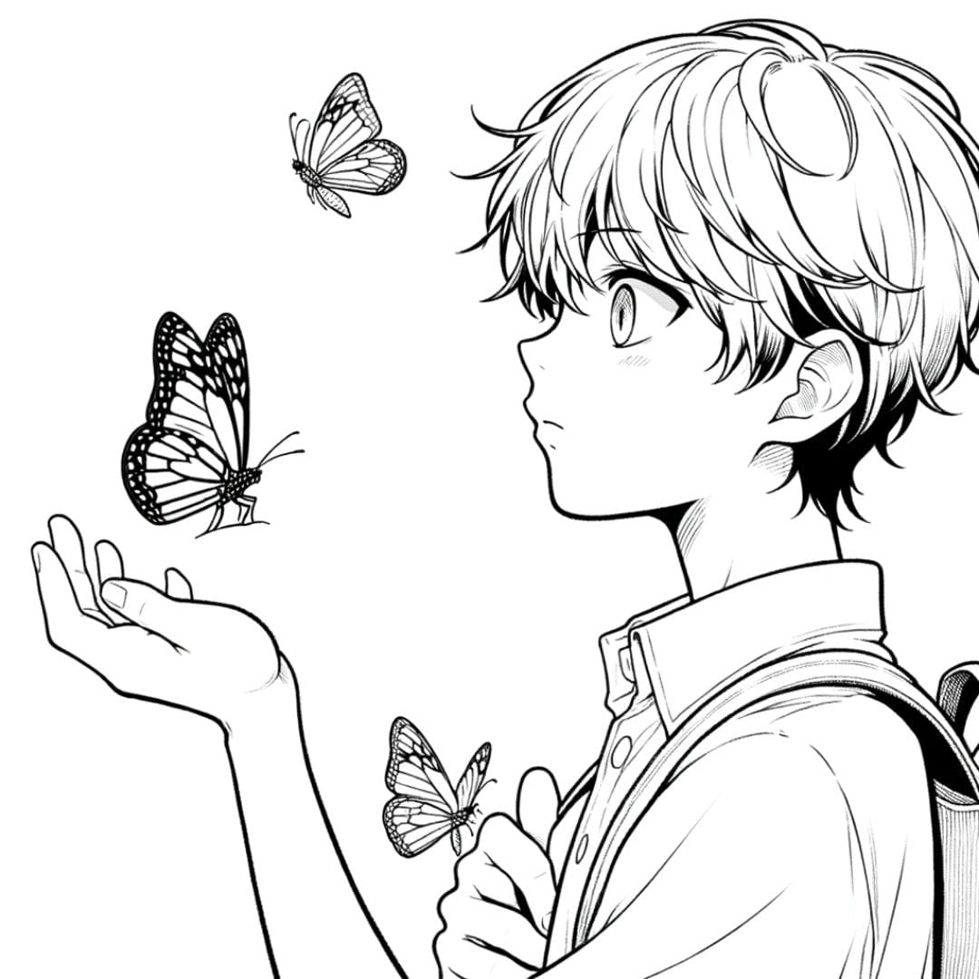 Coloriage manga garçon observant des papillons pour enfants