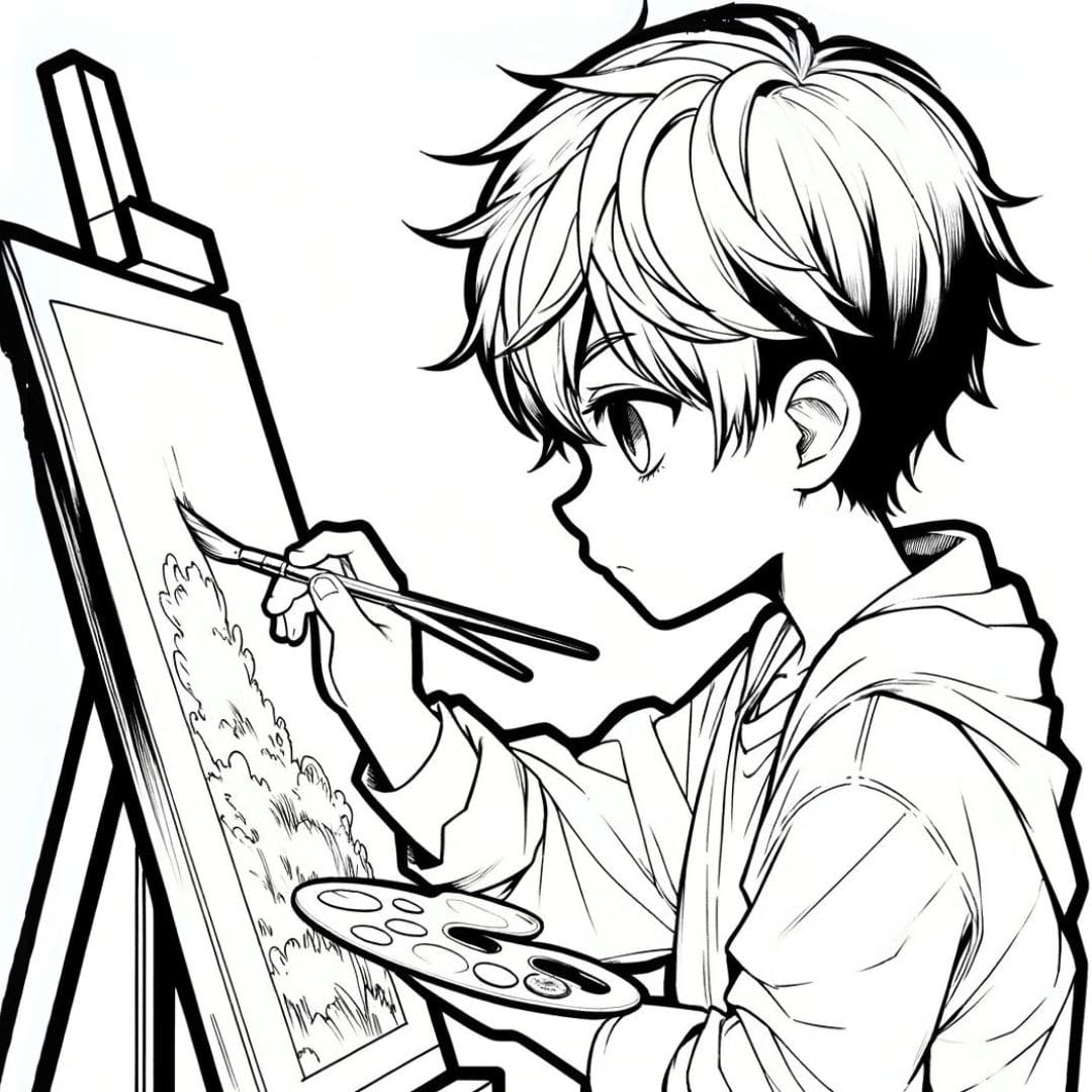 Coloriage manga garçon peignant un tableau pour enfants