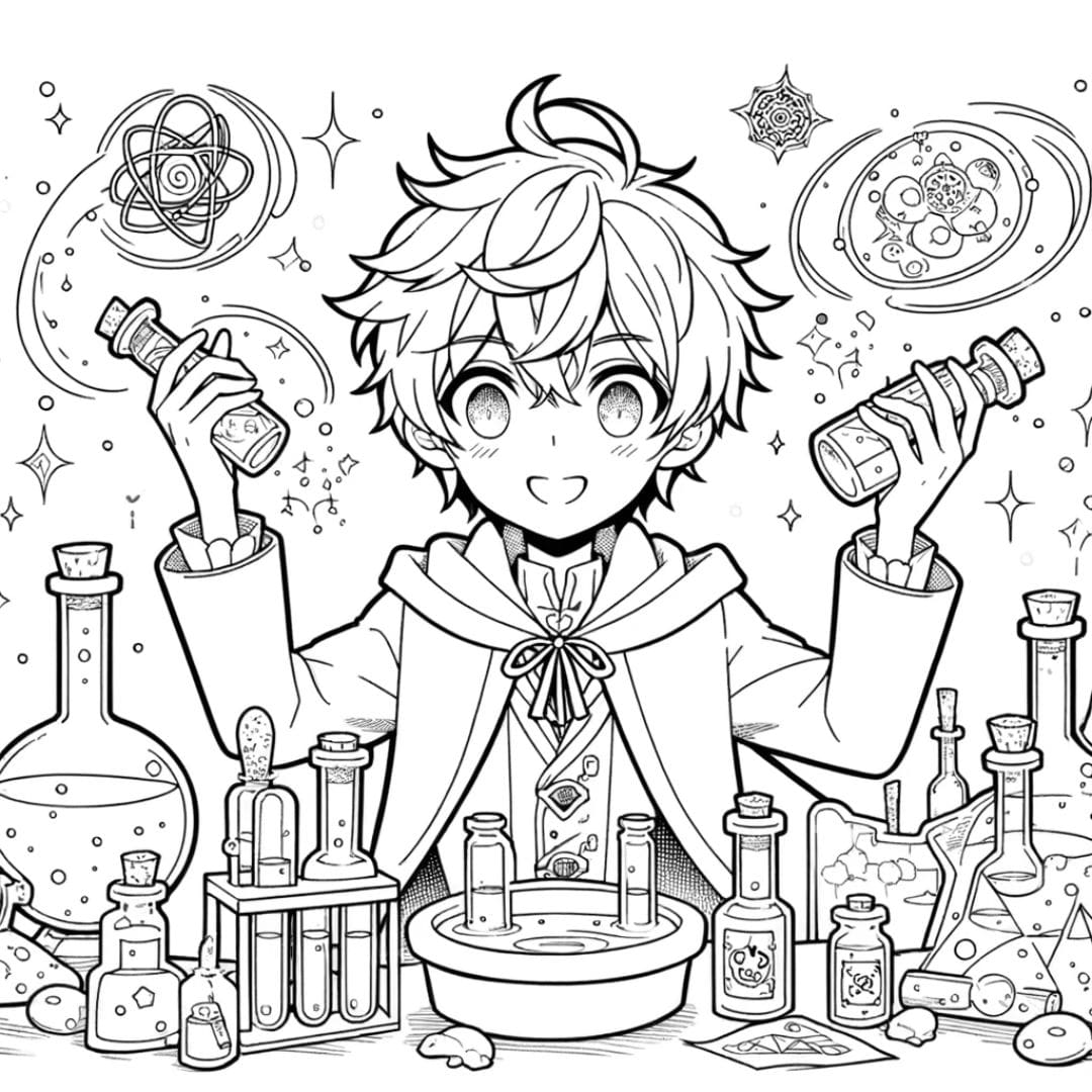 Coloriage manga garçon alchimiste créant des potions pour enfants