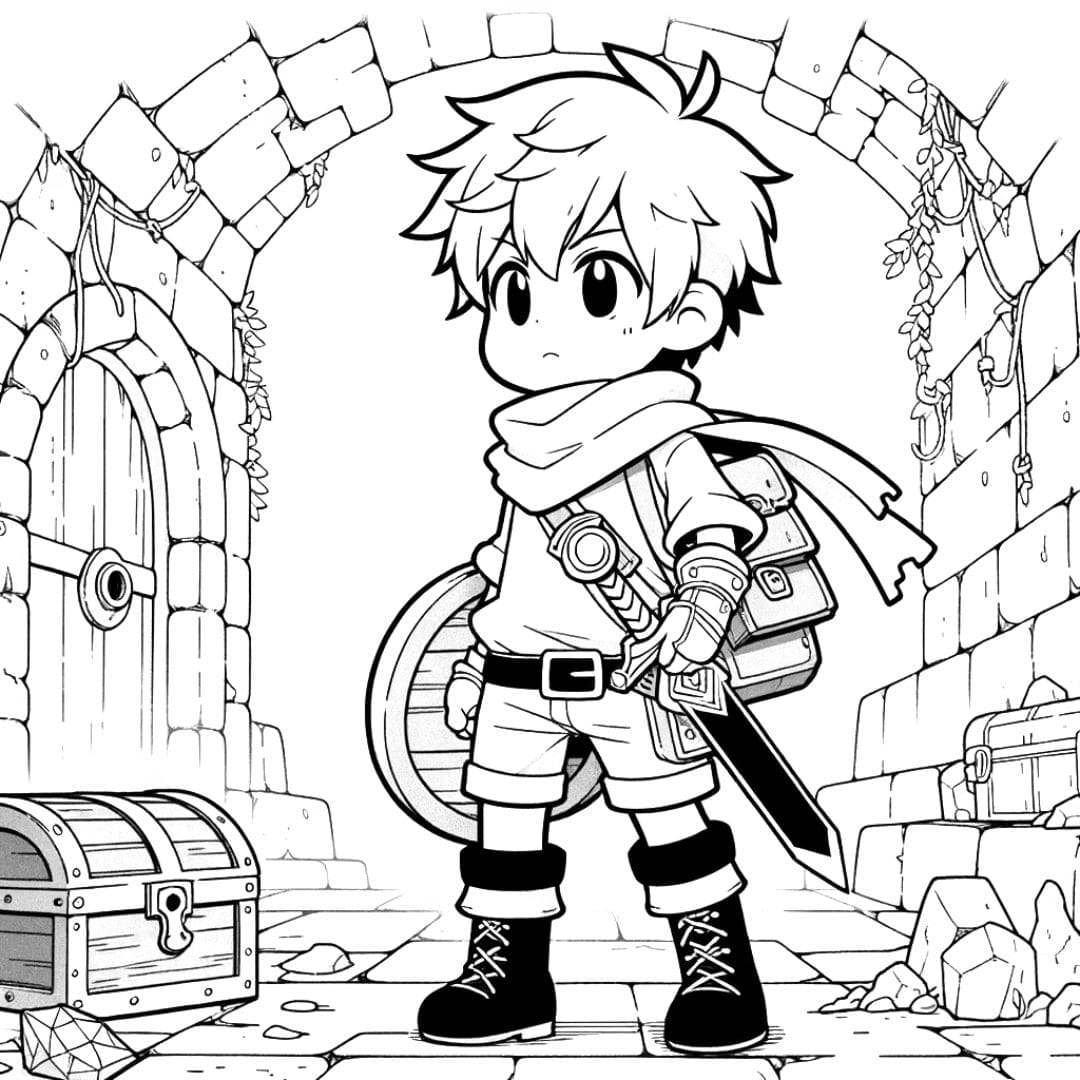 Coloriage manga garçon explorant un donjon pour enfants