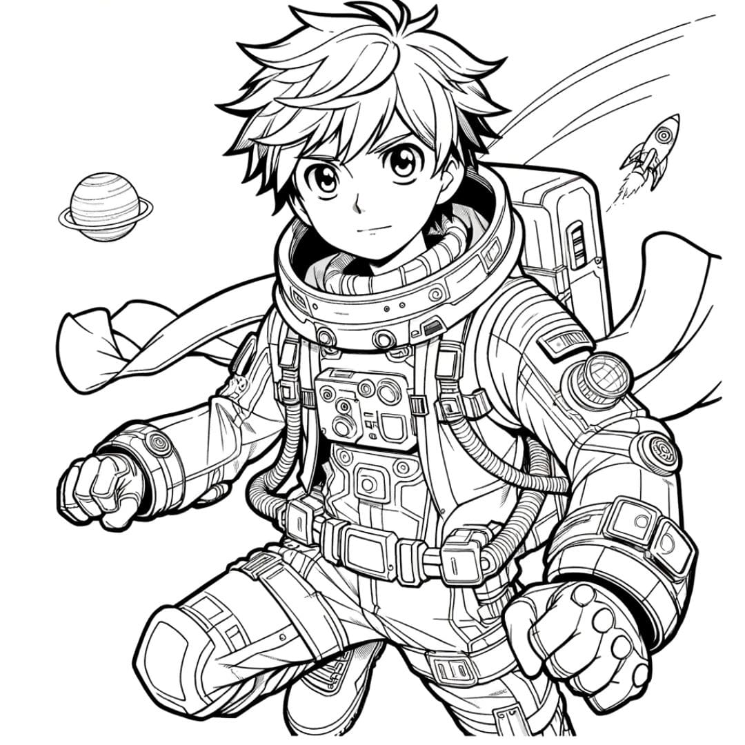 Coloriage manga garçon aventurier de l'espace pour enfants