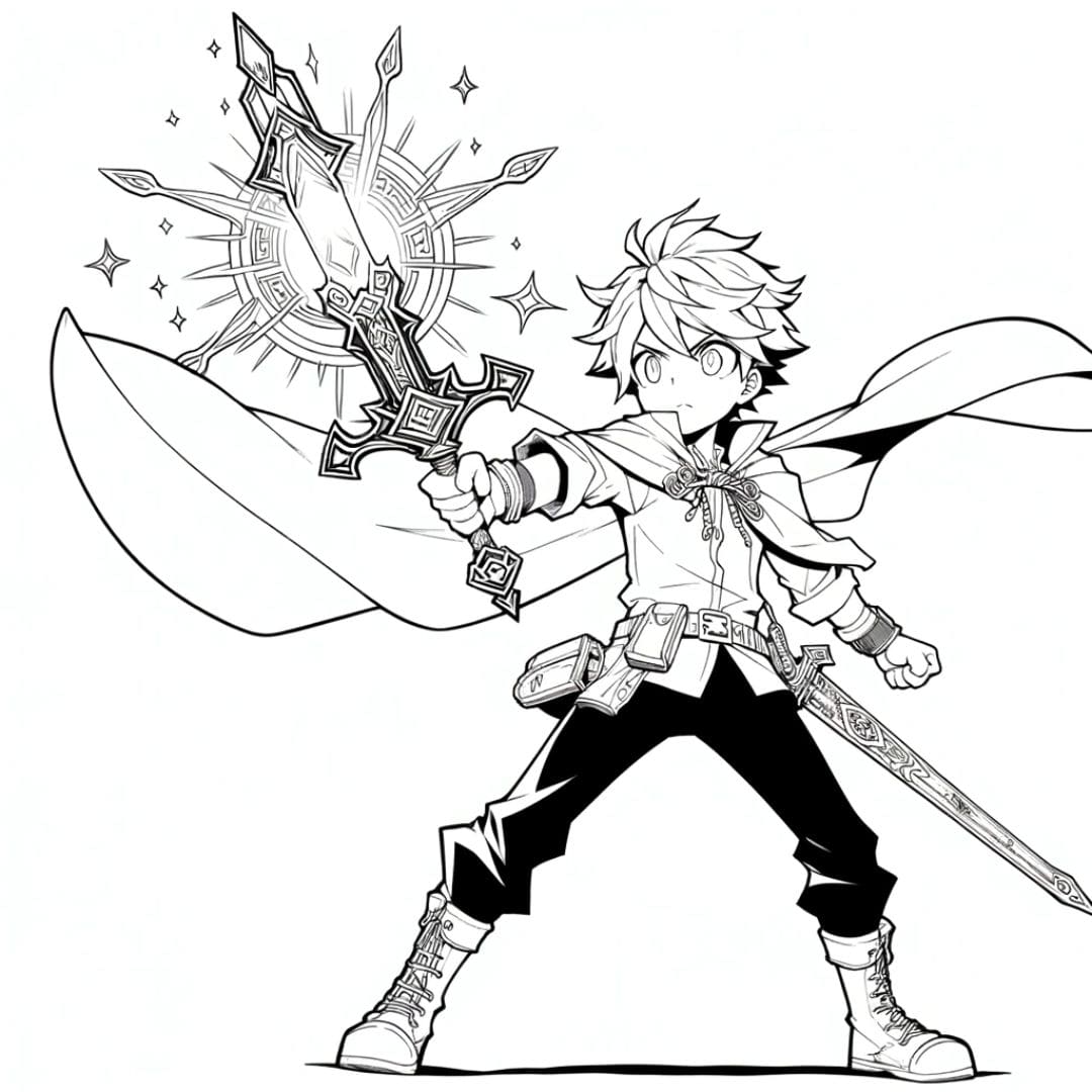 Coloriage manga garçon guerrier avec une épée magique pour enfants