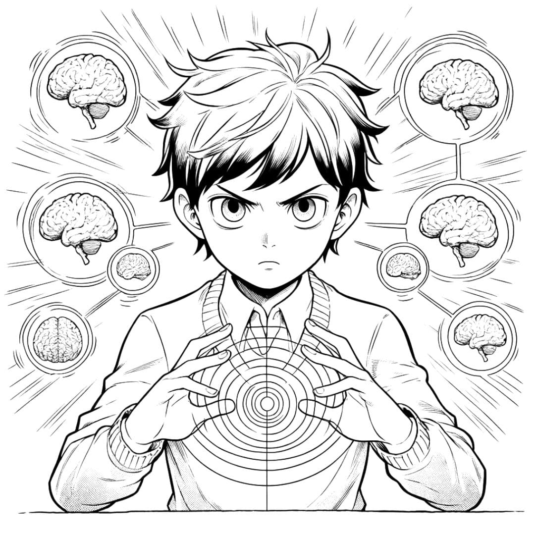 Coloriage manga garçon télépathe lisant les pensées pour enfants
