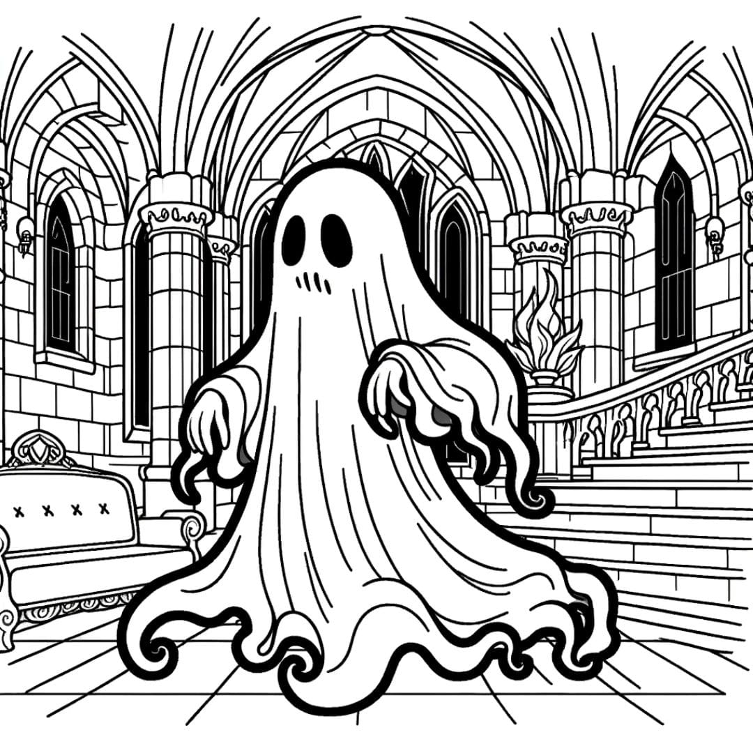 Dessin à colorier de monstre fantôme dans un château pour enfants