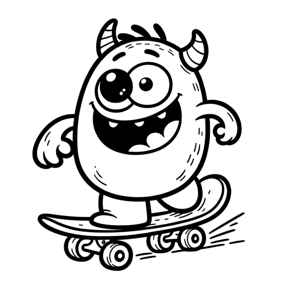 Dessin à colorier de monstre rigolo faisant du skate pour enfants