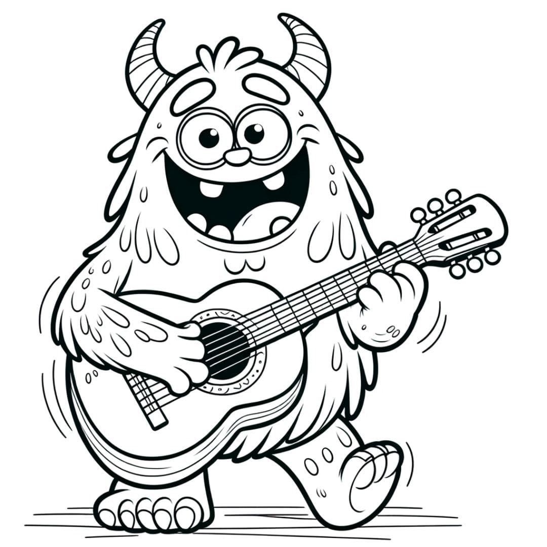 Dessin à colorier de monstre rigolo jouant de la guitare pour enfants