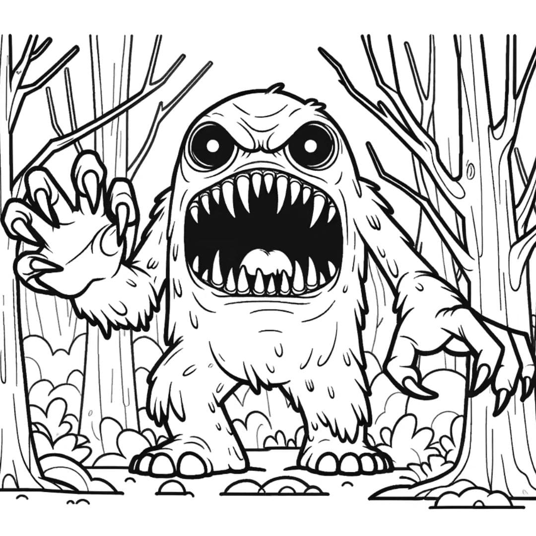 Dessin à colorier de monstre terrifiant dans la forêt pour enfants