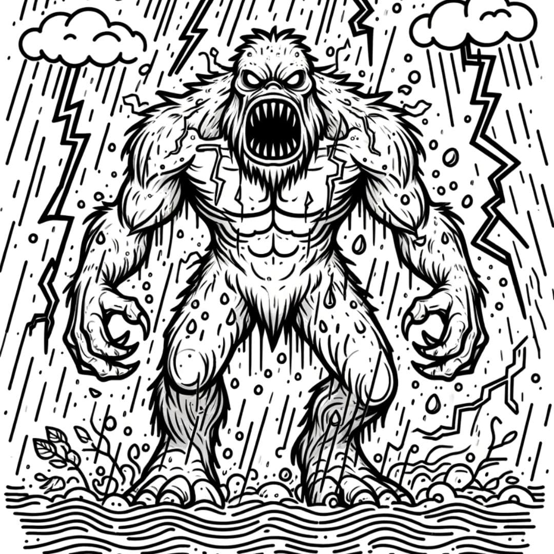 Dessin à colorier de monstre dans une tempête pour enfants