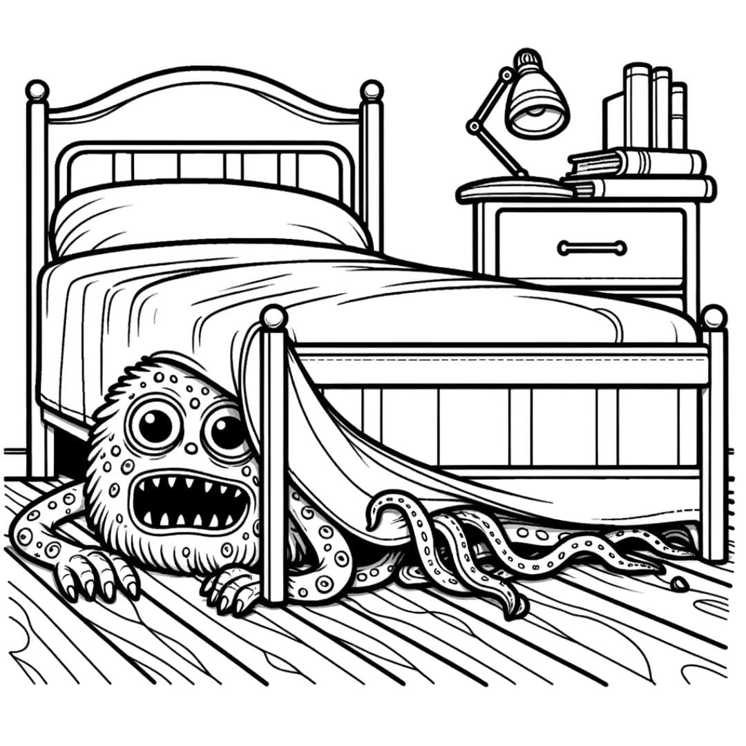 Dessin à colorier de monstre sous le lit pour enfants