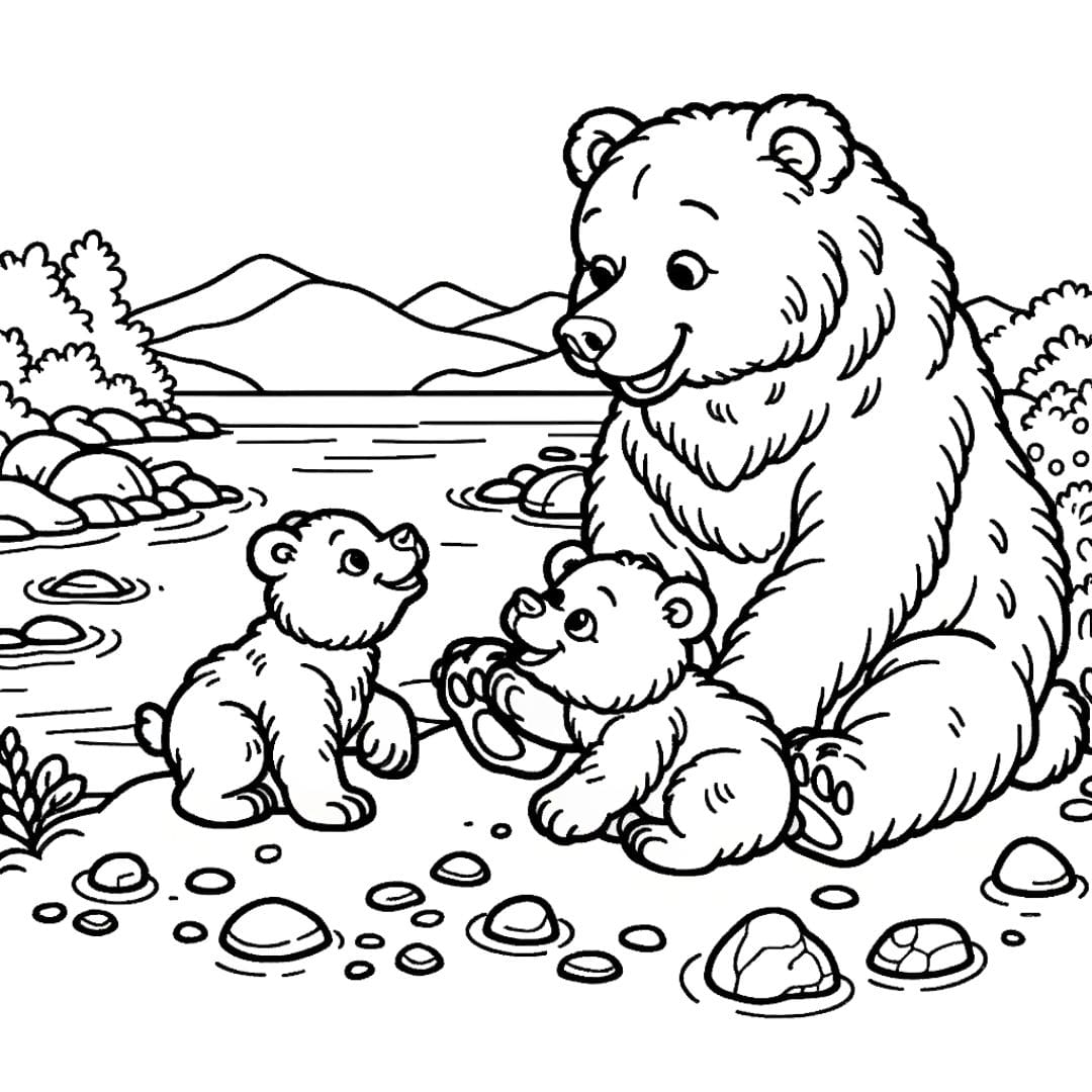 Coloriage d'un ours brun et ses oursons jouant près d'une rivière pour enfants
