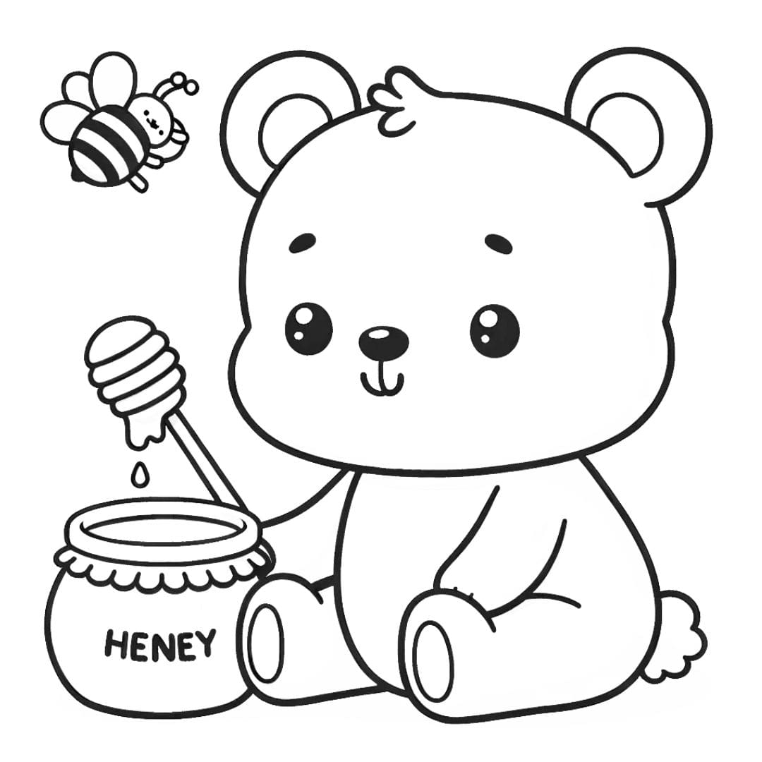 Dessin à colorier d'un ourson mignon jouant avec un pot de miel, idéal pour les tout-petits en maternelle