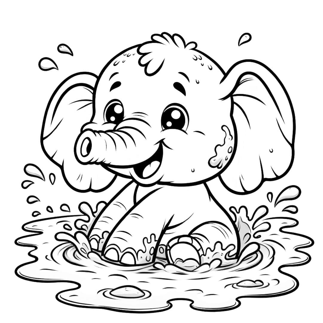 Coloriage d'un petit éléphant dans un bain de boue