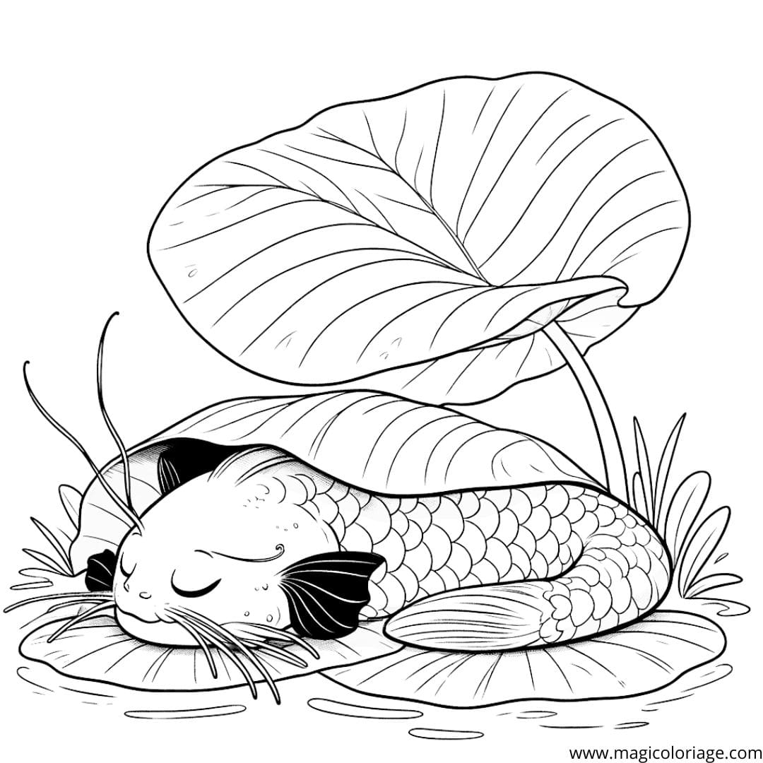 Poisson chat dormant paisiblement sous une feuille de nénuphar à colorier