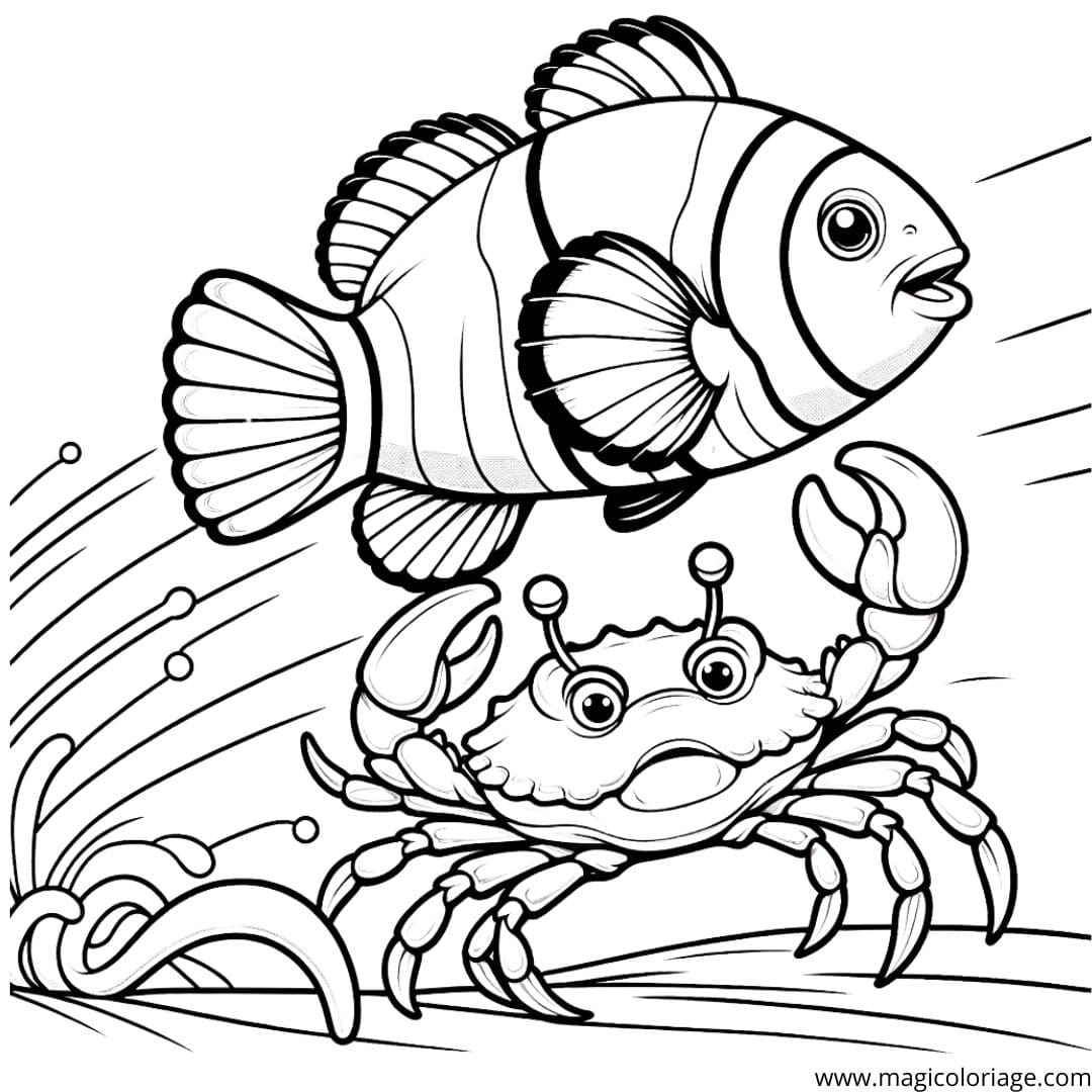 Poisson clown en pleine course avec un crabe à colorier