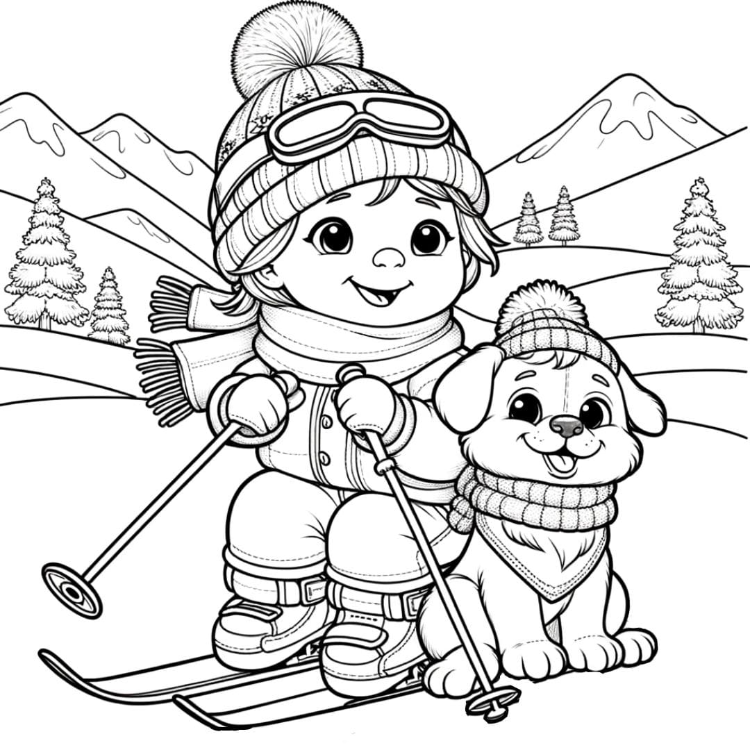 Dessin à colorier d'un enfant skiant joyeusement avec un chien