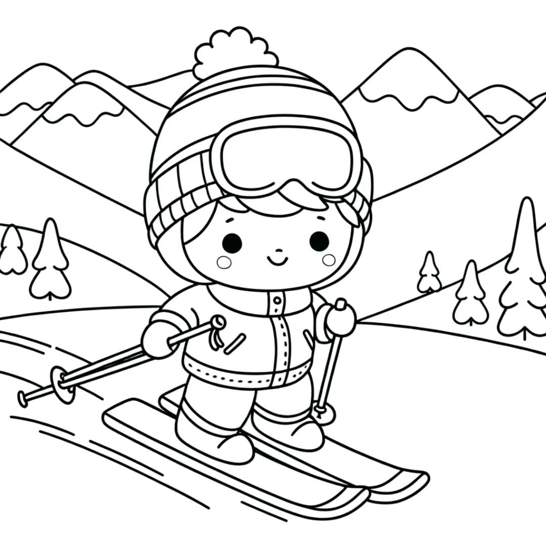 Dessin à colorier d'un enfant skiant joyeusement dans les montagnes enneigées