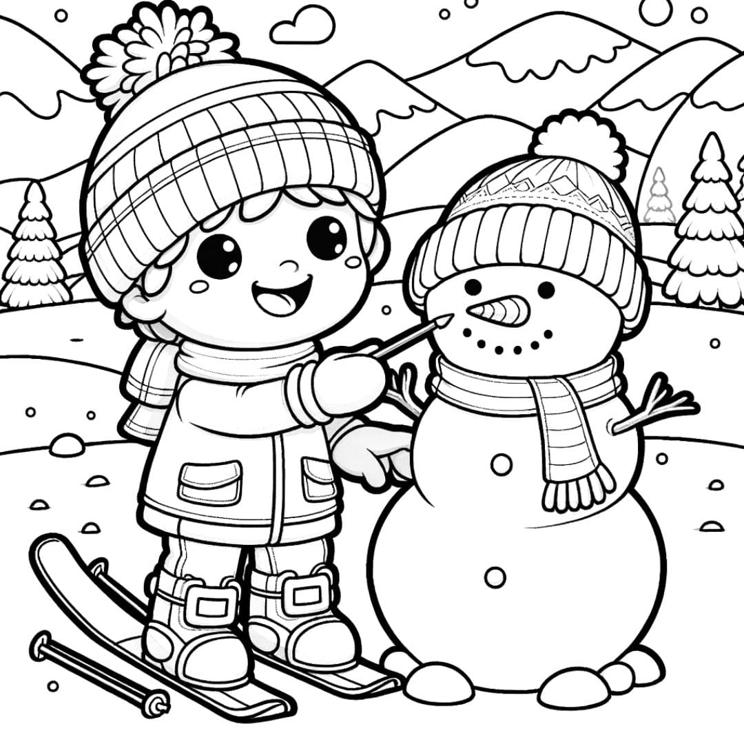 Dessin à colorier d'un enfant construisant un bonhomme de neige en ski