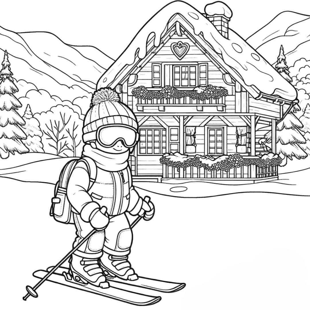 Dessin à colorier d'un enfant skiant près d'un chalet enneigé