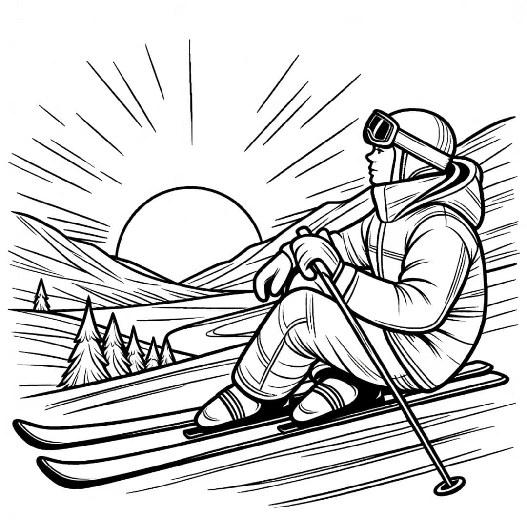 Skieur glissant paisiblement au coucher du soleil