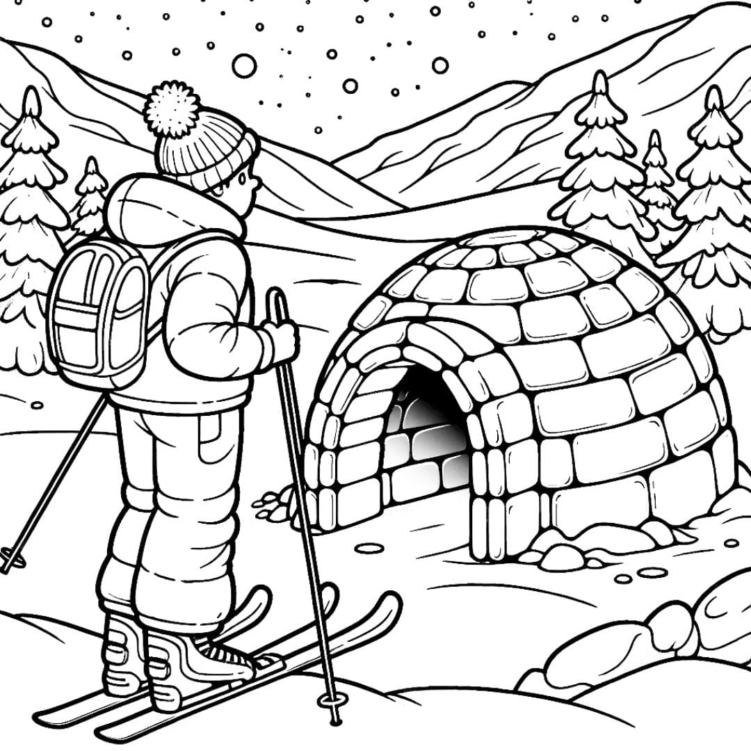 Skieur regardant un igloo mystérieux à colorier
