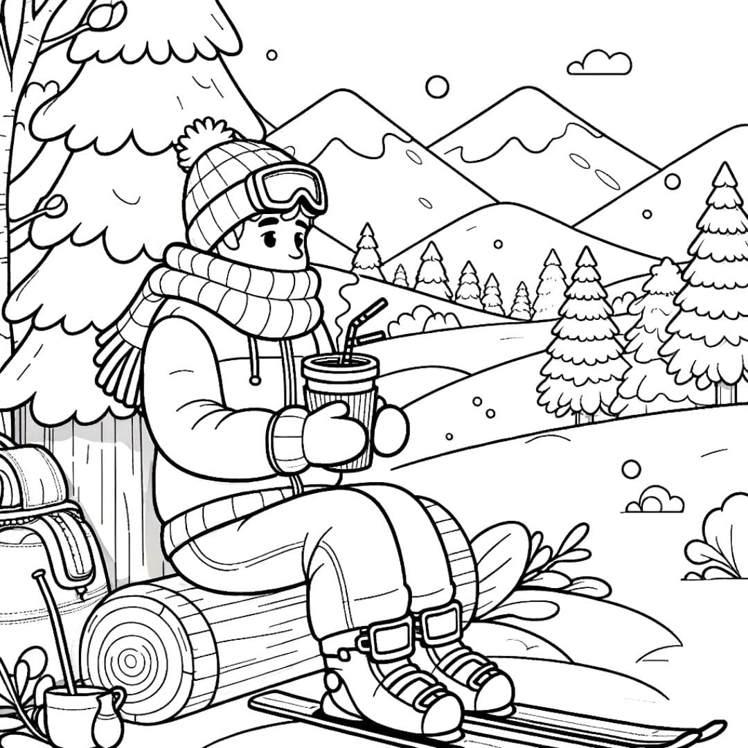 Skieur prenant une pause goûter à colorier