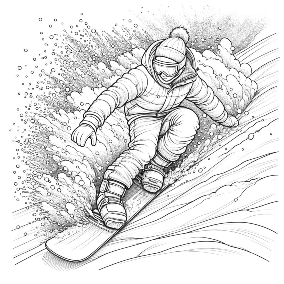 Dessin à colorier de Snowboarder traversant la neige poudreuse