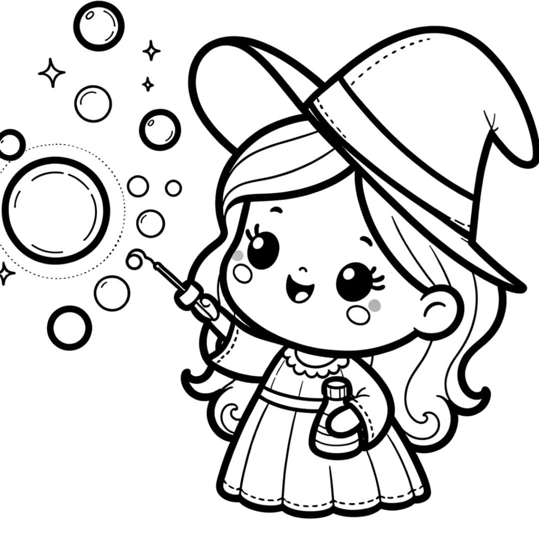 Dessin à colorier de sorcière jouant avec des bulles magiques pour maternelle