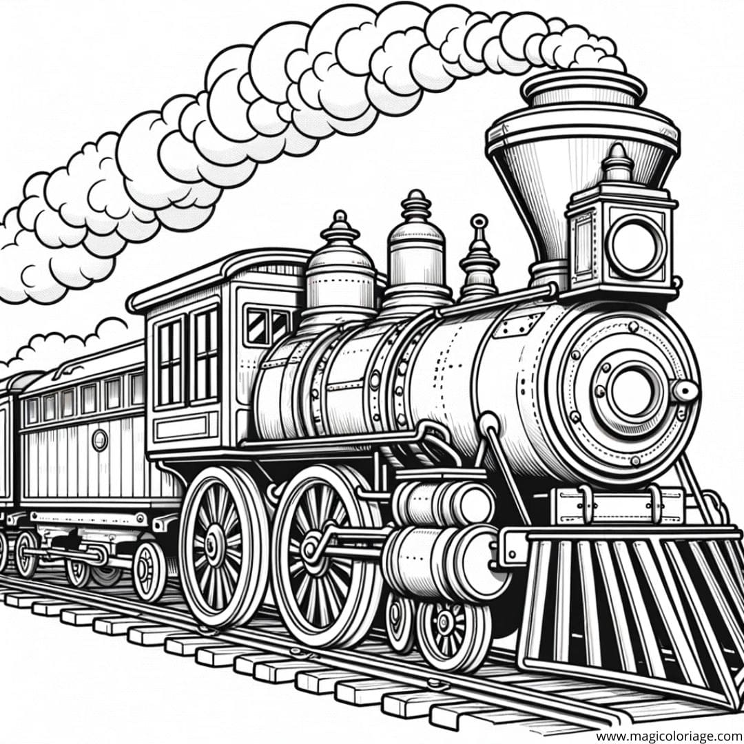 Coloriage d'un train à vapeur classique, dessin rétro pour enfants.