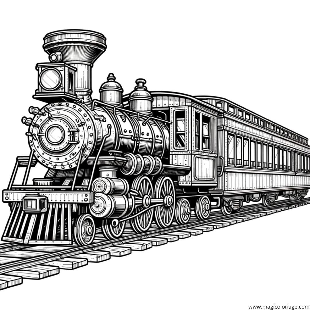 Coloriage d'un train à vapeur avec un wagon-restaurant, dessin classique pour enfants.