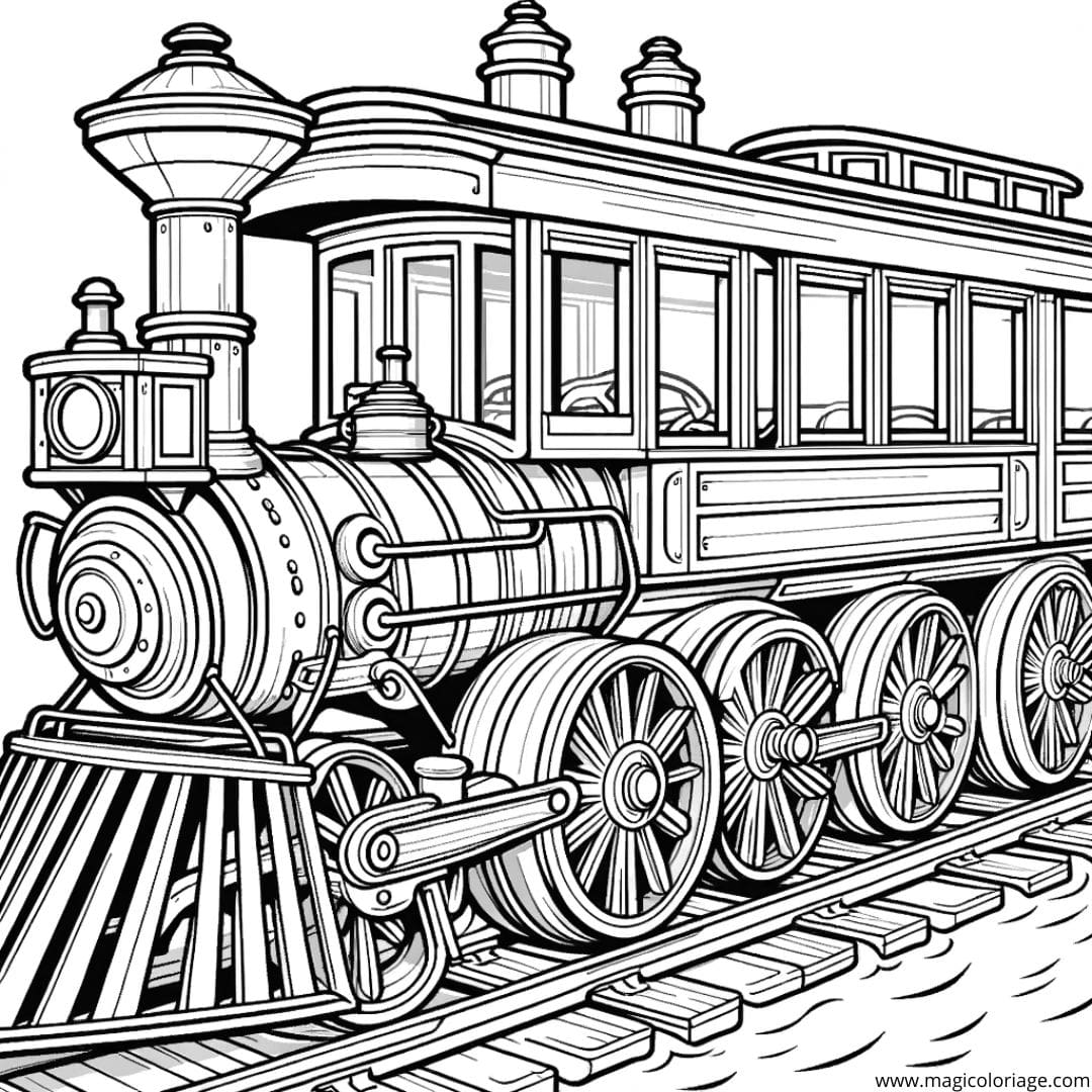 Coloriage d'un train ancien à roues à aubes, dessin rétro pour enfants.