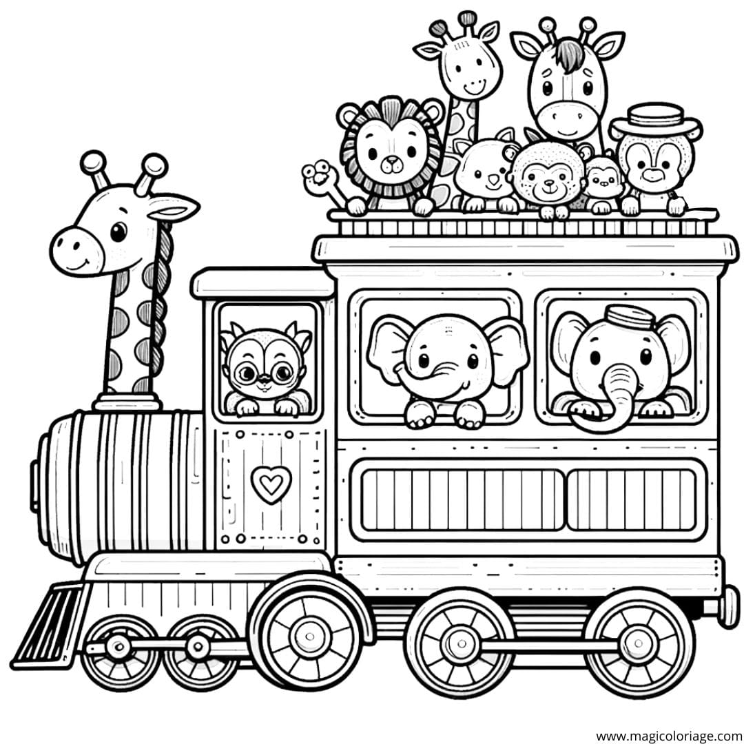 Coloriage d'un train avec des animaux, dessin joyeux pour enfants.