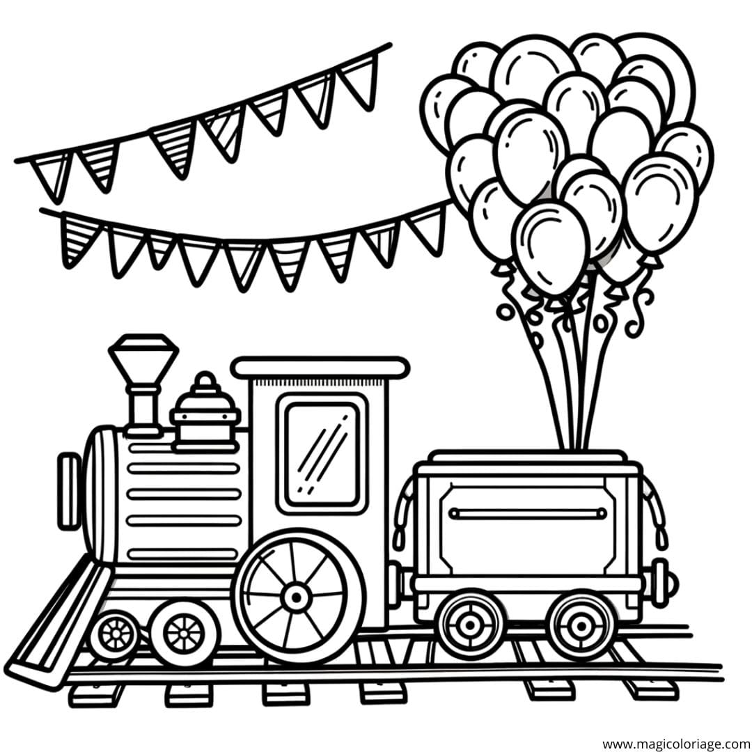 Coloriage d'un train avec des ballons et des fanions, dessin joyeux pour les enfants en maternelle.